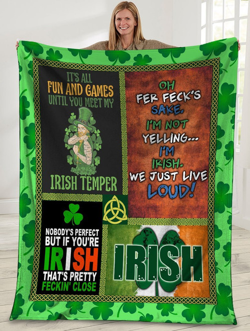 Meet My Irish Temper Four Leaf Clover St. Patrick's Day Gift For Wife Design Sherpa Fleece Blanket