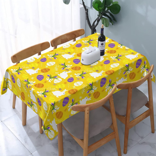 White Bunnies On Yellow Background Spring Themed Tablecloth Home Decor
