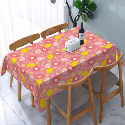 Yellow Eggs Little Flowers Pattern On Coral Background Tablecloth Home Decor