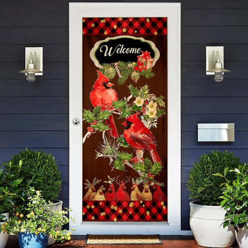 Welcome Home Cardinal Christmas Red Plaid Design Door Cover Home Decor