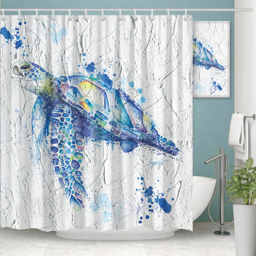Sea Turtle Blue Watercolor Spatter Shower Curtain Bathroom Curtain Home Decor
