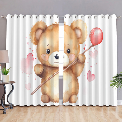 Cute Bear Valentines Day Watercolor Printed Window Curtains Door Curtains Home Decor For Kids