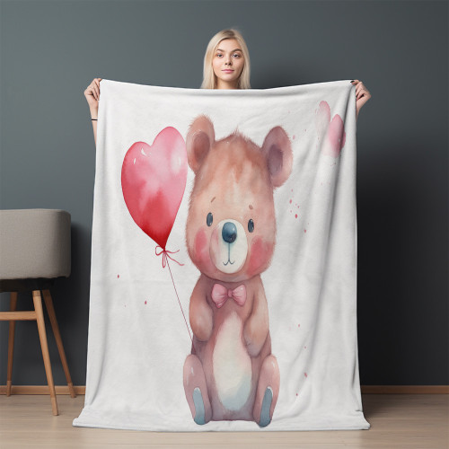 Watercolor Bear Valentines Day Holding Heart Balloon Printed Sherpa Fleece Blanket For Kids