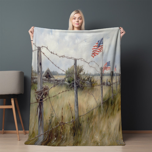 Wire Fence American Flags Printed Sherpa Fleece Blanket Patriotic Design