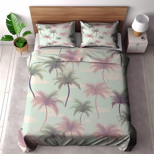 Pink And Mint Palm Trees Tropical Summer Design Printed Bedding Set Bedroom Decor