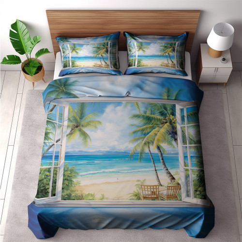 Realistic Window Overlooking Tropical Paradise Landscape Design Printed Bedding Set Bedroom Decor