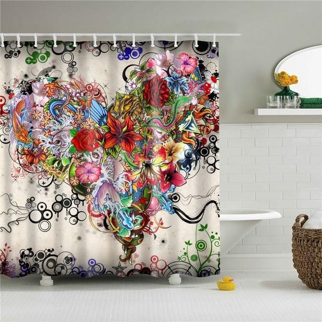 Tattoo Flowers Fabric Shower Curtain Vibrant Color High Quality Unique For Good Vibes Home Decor