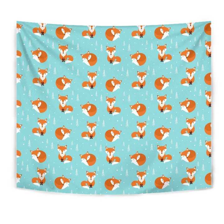 Fox Pattern Blue Background Wall Tapestry For Home Decor
