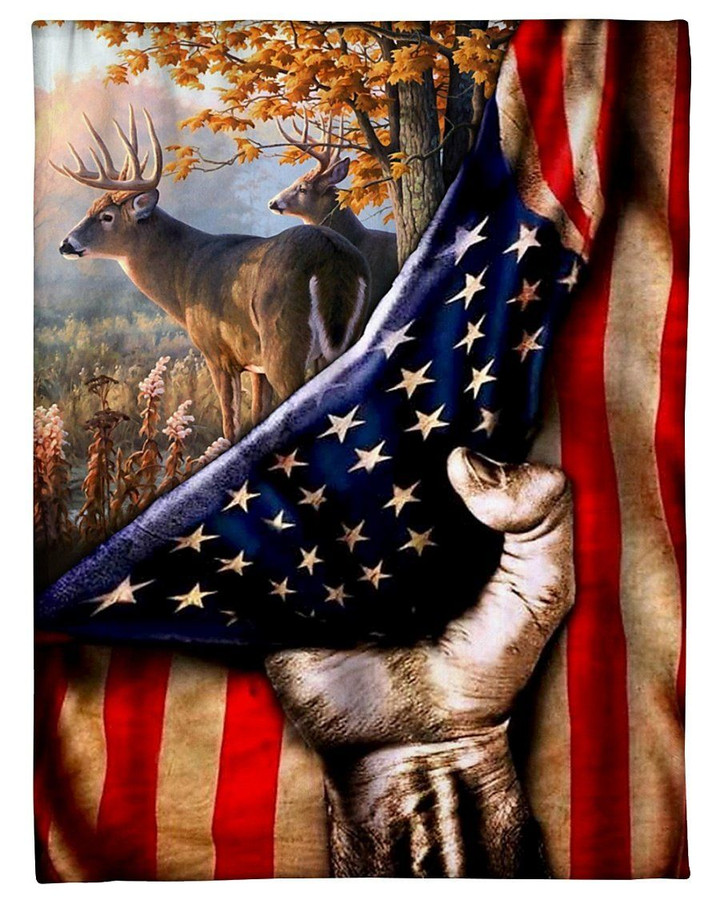 Deer Hunter Usa American Flag Gift Fleece Blanket