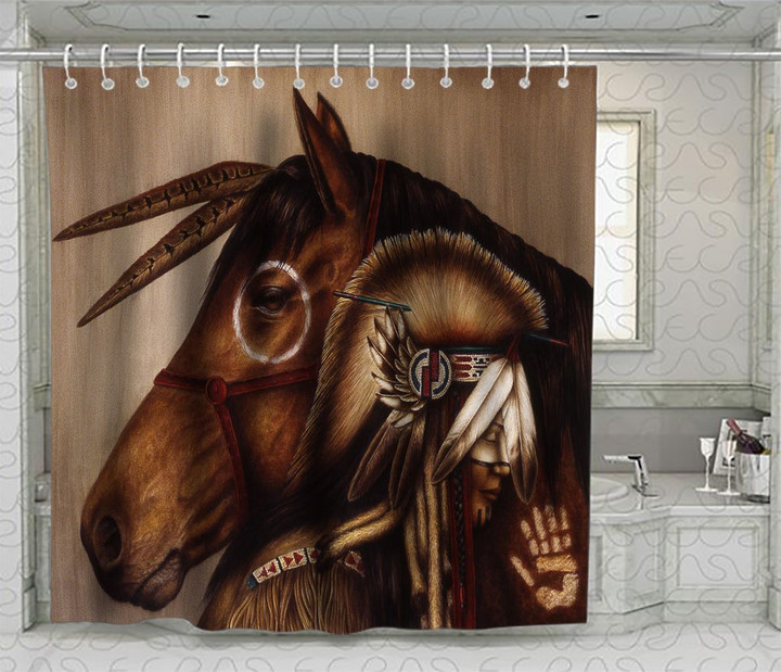 Native American Man Hugging Brown Horse 3D Printed Shower Curtain Home Decor