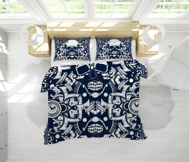3d Dark Blue Abstract Skull Bedding Set Bedroom Decor