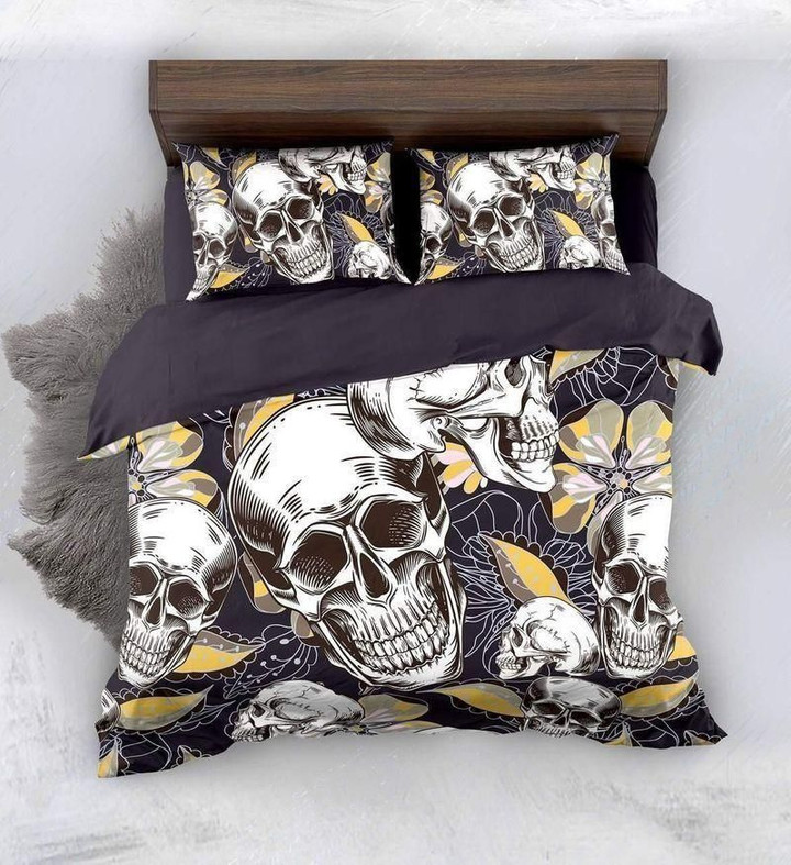 Dark Skull Yellow Leave Printed Bedding Set Bedroom Decor