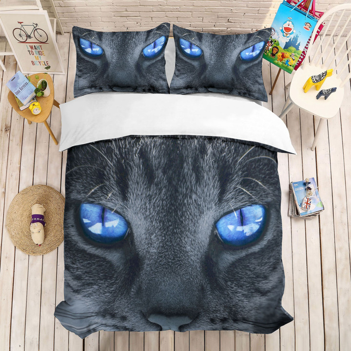 3d Black Cat With Blue Eyes Bedding Set Bedroom Decor