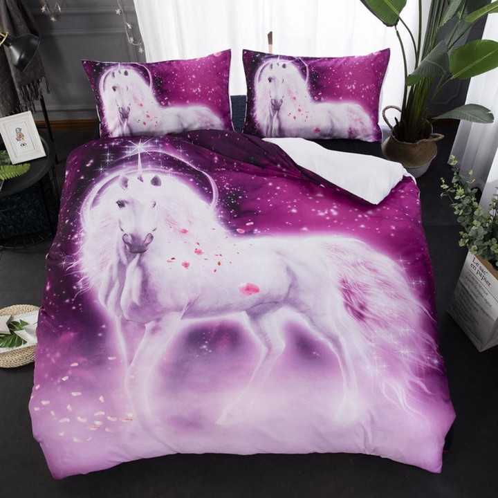 Rainbow Unicorn White Horse 3D Bedding Set Bedroom Decor