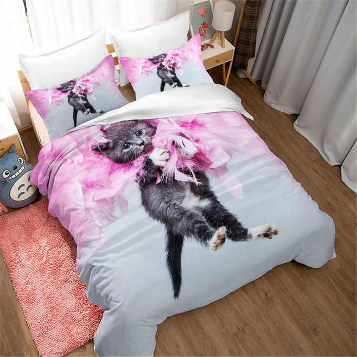 3d Black Cat Pink Floral Bedding Set Bedroom Decor