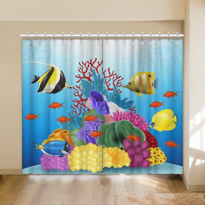 Cartoon Tropical Fish With Beautiful Underwater World Printed Window Curtain