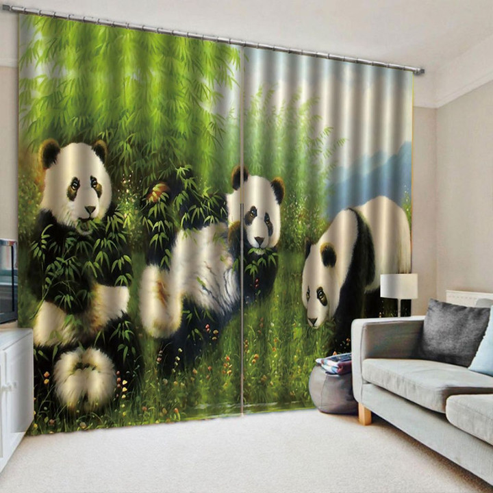Panda Family And Green Bamboo Tree Printed Window Curtain Home Decor