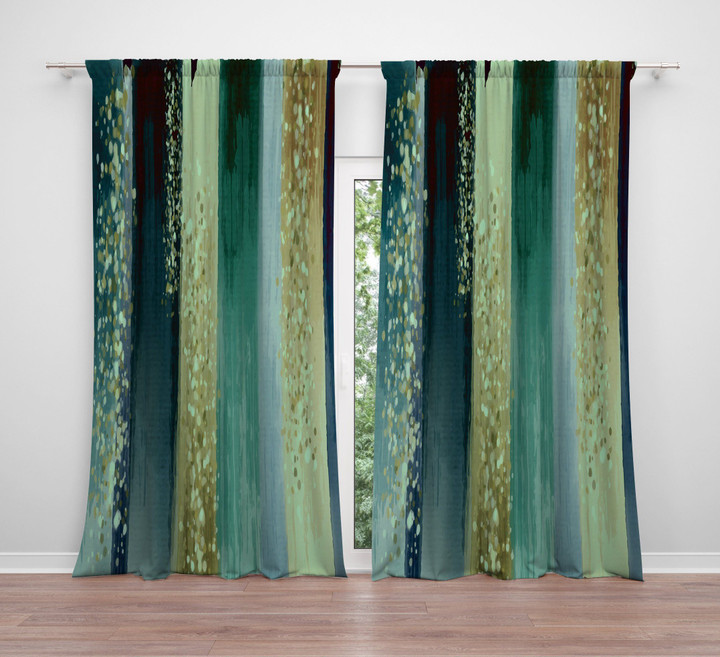 Striped Watercolor Boho Nautical Green Printed Window Curtain