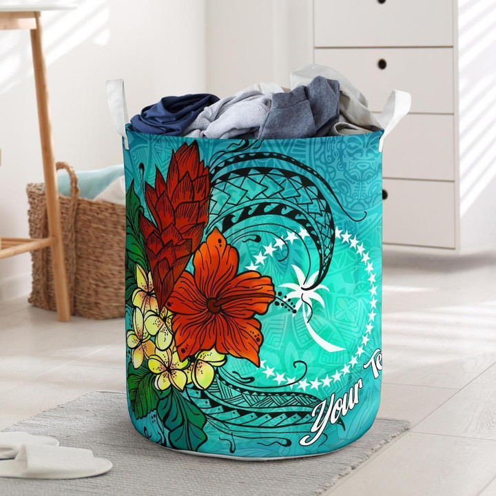 Chuuk State Blue Tropical Flowers Printed Laundry Basket