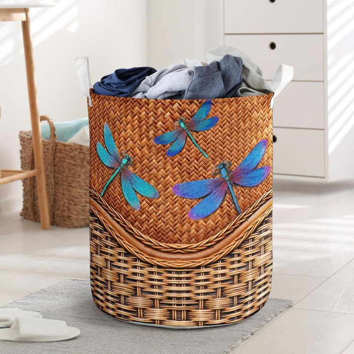 Three Blue Dragonfly Rattan Pattern Laundry Basket