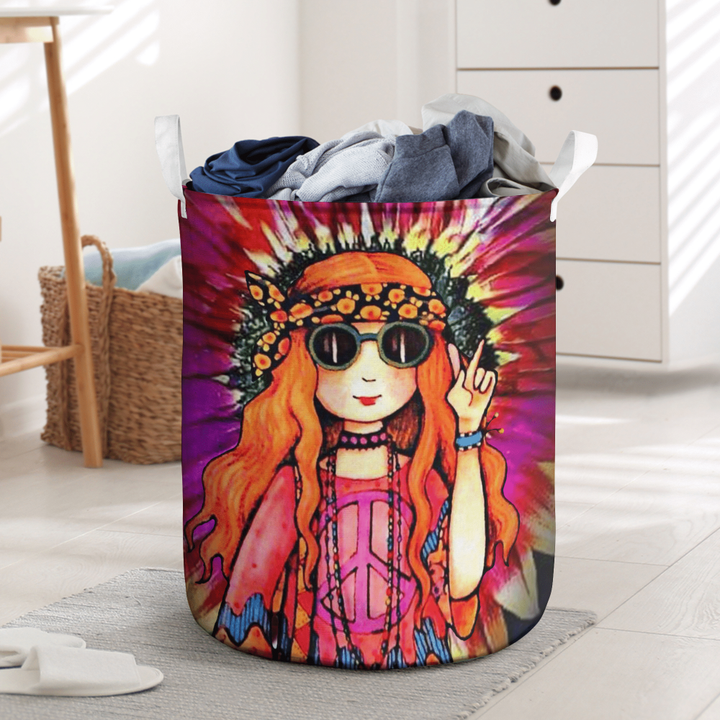 Hippie Girl With Pink Peace Sign Printed Laundry Basket