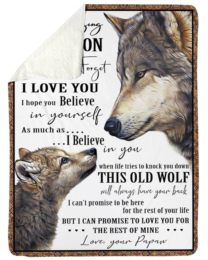 Papaw Gift For Grandson Never Forget How Much I Love You Wolf Edition Fleece Blanket Sherpa Blanket