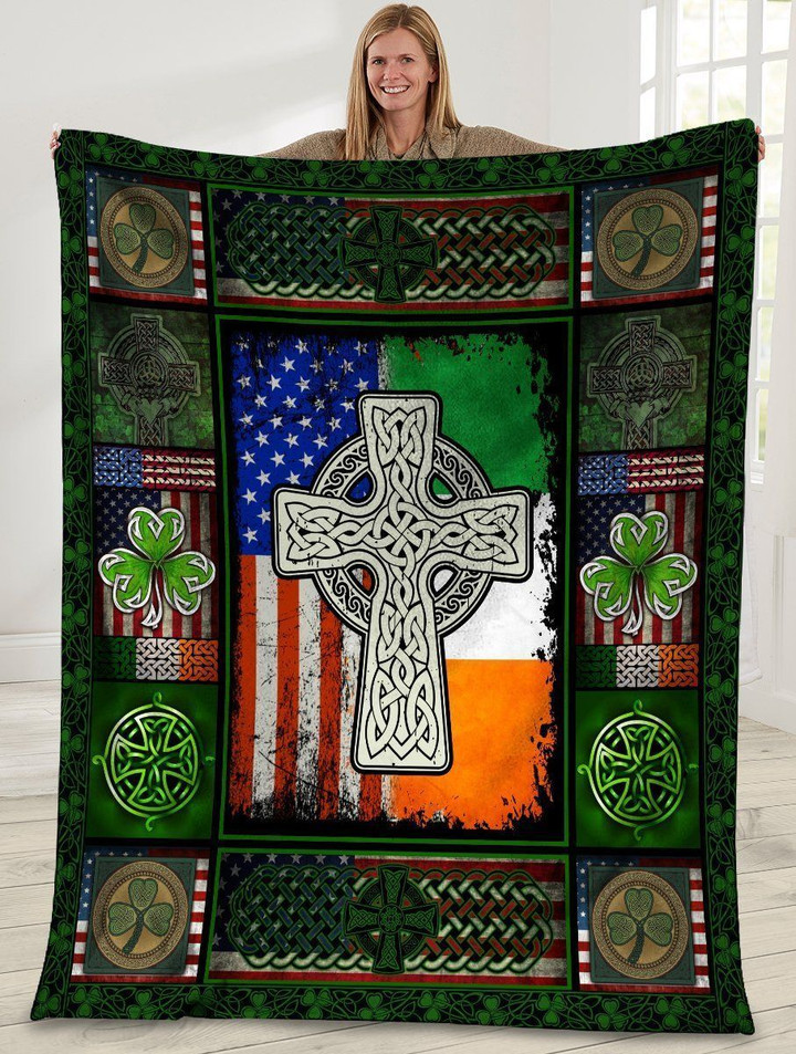Irish Cross Irish Clover American Usa Flag Fleece Blanket