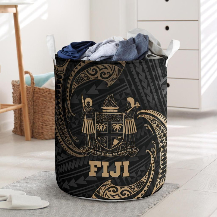 Fiji Polynesian Pattern Gold Tribal Wave Printed Laundry Basket