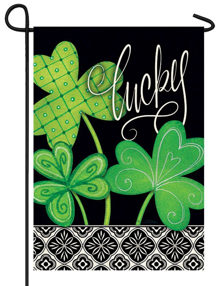 Lucky Clovers Black Background Happy St. Patrick's Day Printed Garden Flag