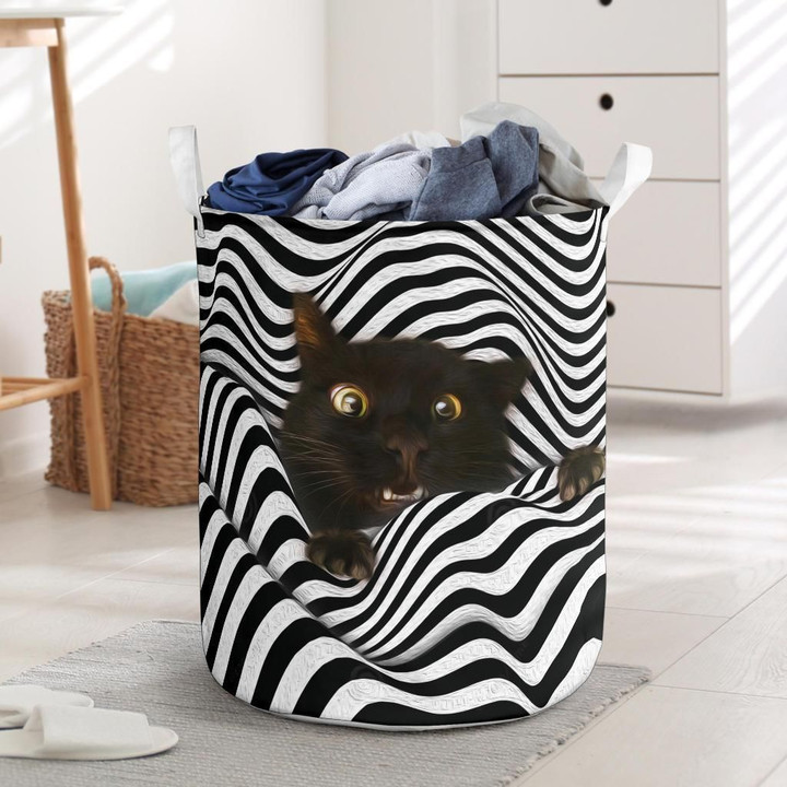 Funny Black Cat Face Striped Laundry Basket