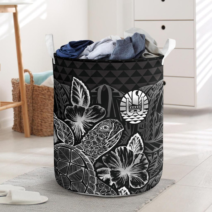 Tahiti Polynesian Turtle Hibiscus Black Printed Laundry Basket
