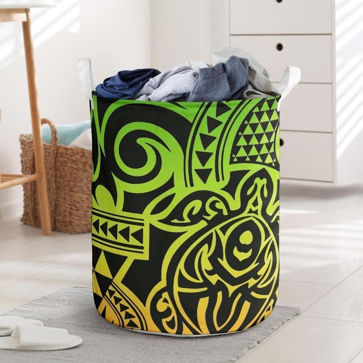 Green Polynesian Turtle Pattern Printed Laundry Basket
