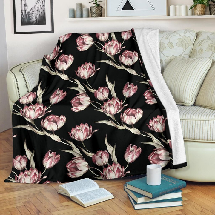 Tulip Pink Pattern Print Design Black Fleece Blanket