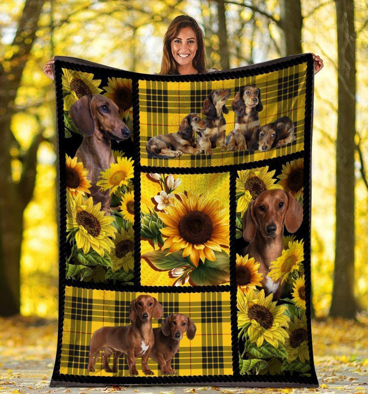 Dachshund Dog Sunflower Yellow Plaid For Dog Lovers Fleece Blanket