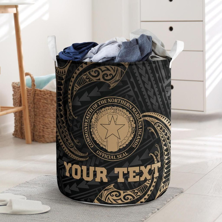 Northern Mariana Islands Official Seal Polynesian Gold Tribal Wave Printed Laundry Basket