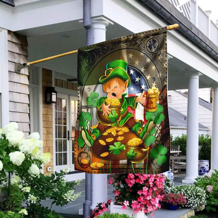 Happy St. Patrick’s Day Irish Leprechaun Gold And Clovers Printed House Flag