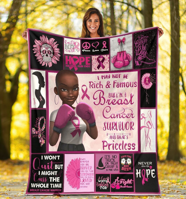 Black Girl Pink Warrior Breast Cancer Awareness Boxing Gift Fleece Blanket