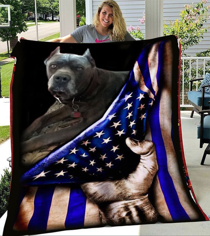 Bulldog Behind USA Flag Fleece Blanket