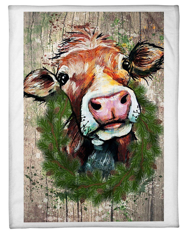 Funny Christmas Cow Portrait Fleece Blanket