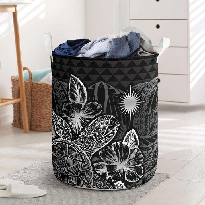 Marshall Islands Laundry Basket - Polynesian Turtle Hibiscus Black - Bn39