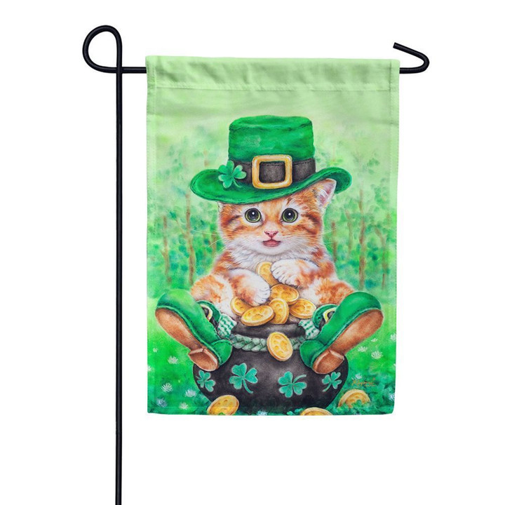 Happy St. Patrick's Day Kitten Wear A Leprechaun Hat Inside Pot Of Gold Coins Printed Garden Flag