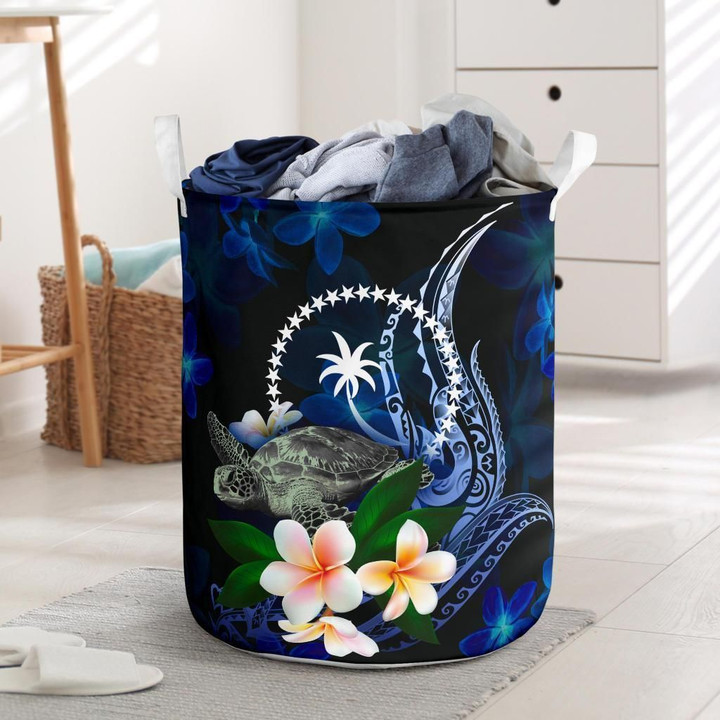 Chuuk Micronesia Turtle With Plumeria Flowers Printed Laundry Basket