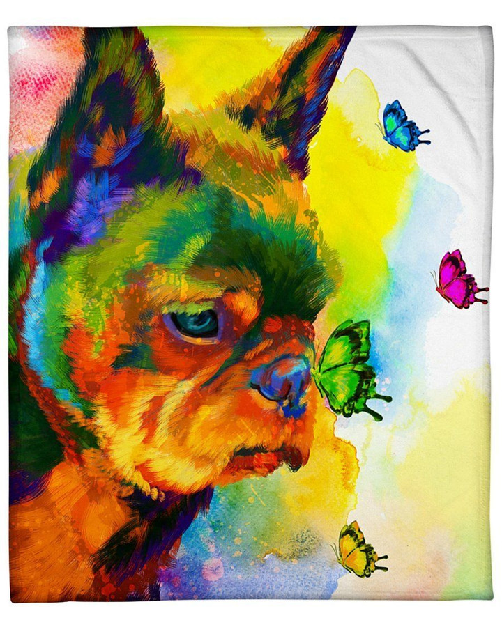 Frenchie Buterfly Water Color Gift For Dog Lovers Fleece Blanket Fleece Blanket