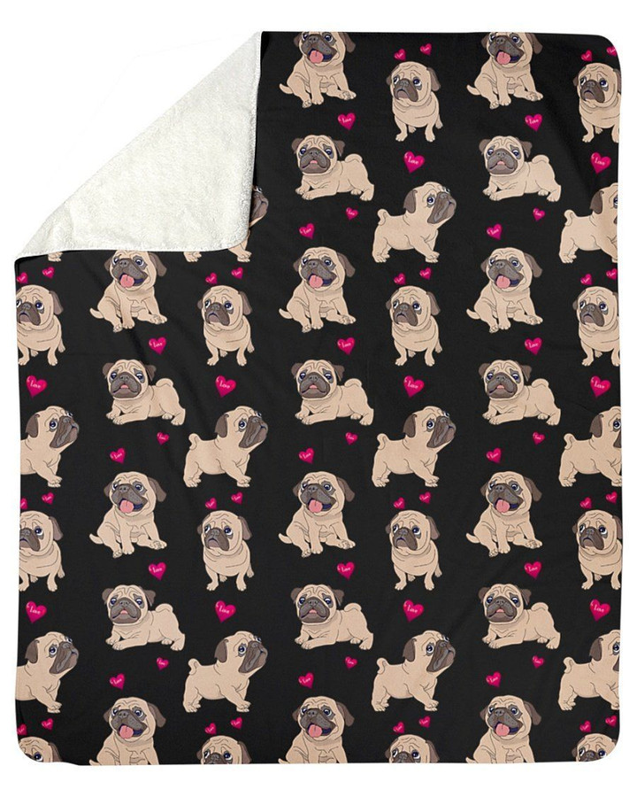 Pug Pattern Love Heart Black Fleece Blanket Sherpa Blanket