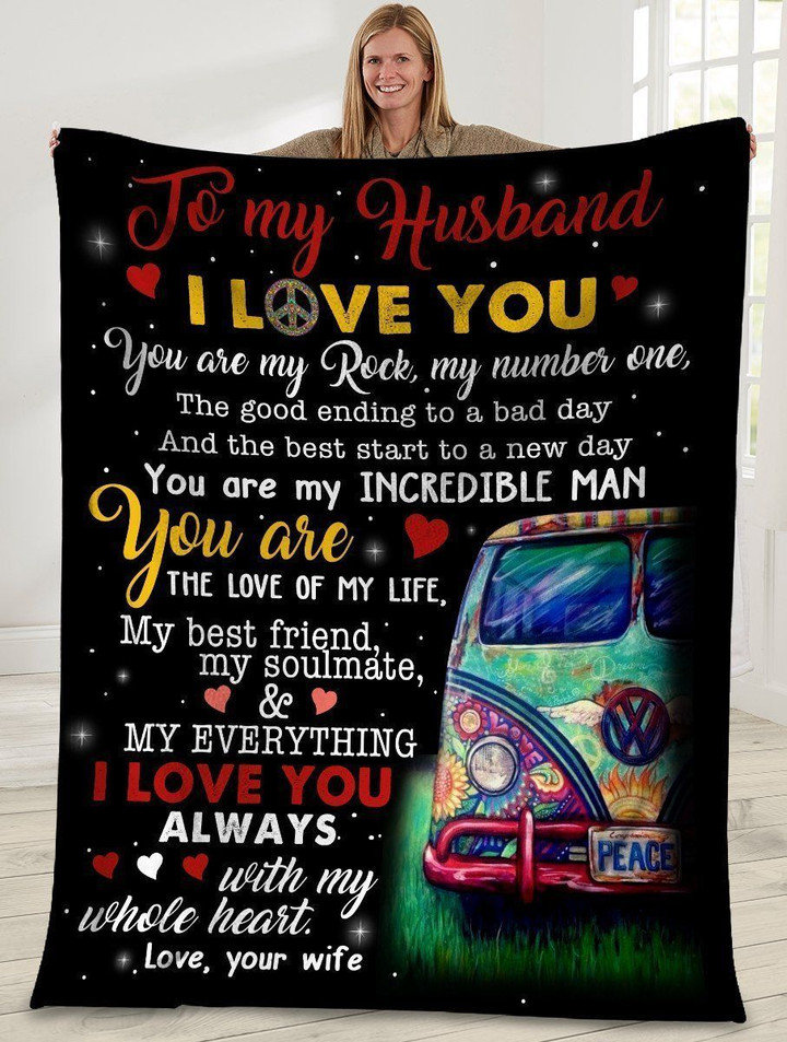To My Husband I Love You Hippie Van Car Printed Fleece Blanket
