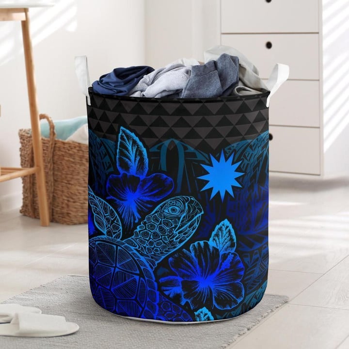 Nauru Logo With Polynesian Turtle Hibiscus Blue Printed Laundry Basket