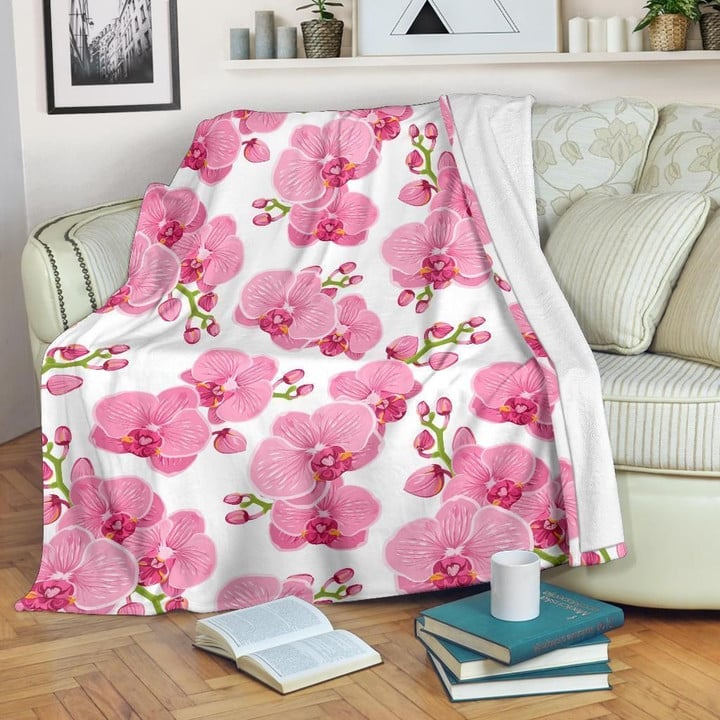 Orchid Pink Pattern Print Design White Fleece Blanket
