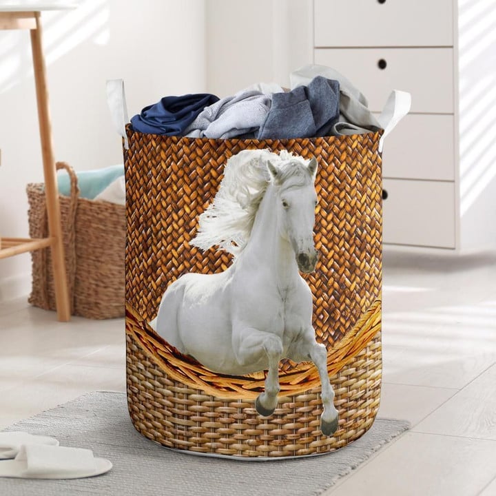 White Horse Rattan Texture Gift For Animal Lovers 3D Printed Laundry Basket