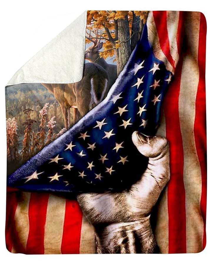 Deer Hunter Usa American Flag Gift Fleece Blanket