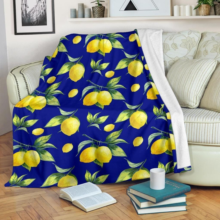 Lemon Pattern Print Design Dark Blue Fleece Blanket